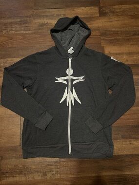 Charcoal Gray Zip-Up Hoodie Sweater with White Graphic